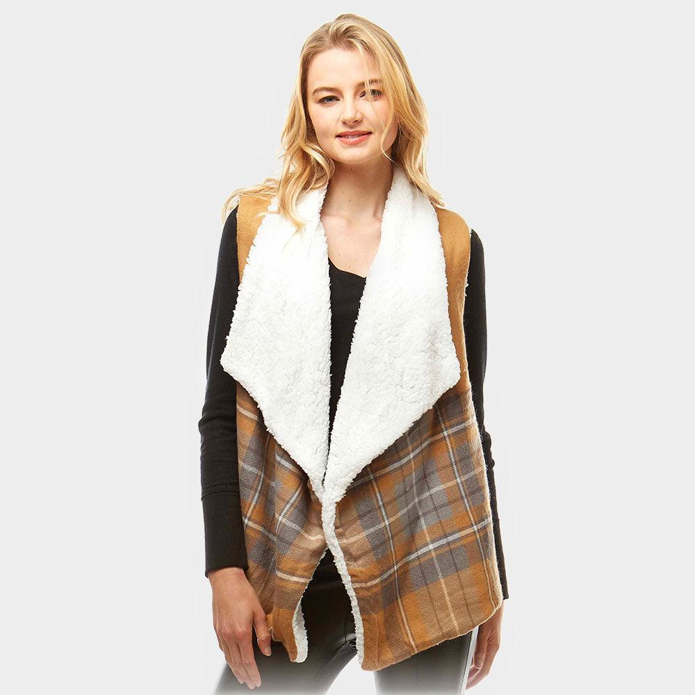 Beige Plaid Faux Fur Lining and Pocket Vest