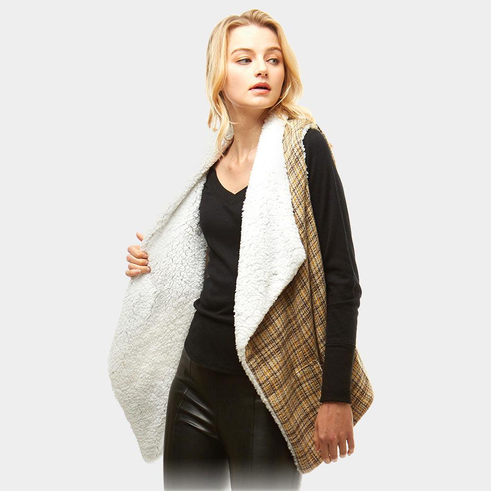 Beige Plaid Faux Fur Lining and Pocket Vest