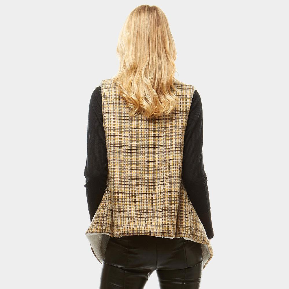Beige Plaid Faux Fur Lining and Pocket Vest - Jewelry Store by Erik Rayo