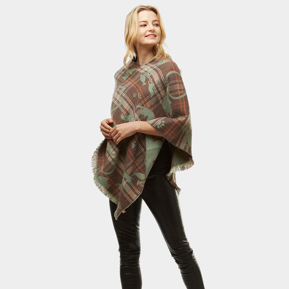 Taupe Playing Cats Plaid Poncho