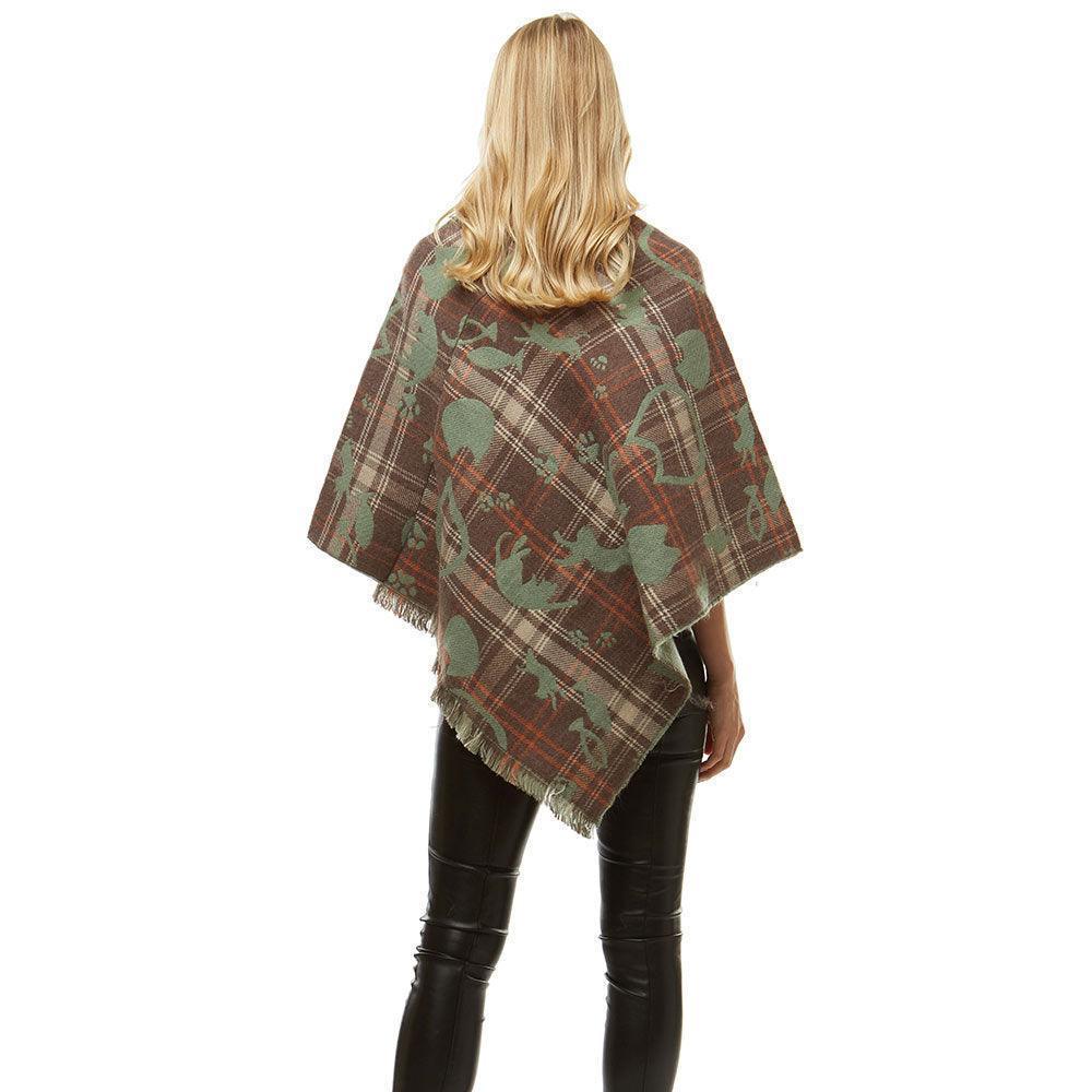 Taupe Playing Cats Plaid Poncho - Jewelry Store by Erik Rayo