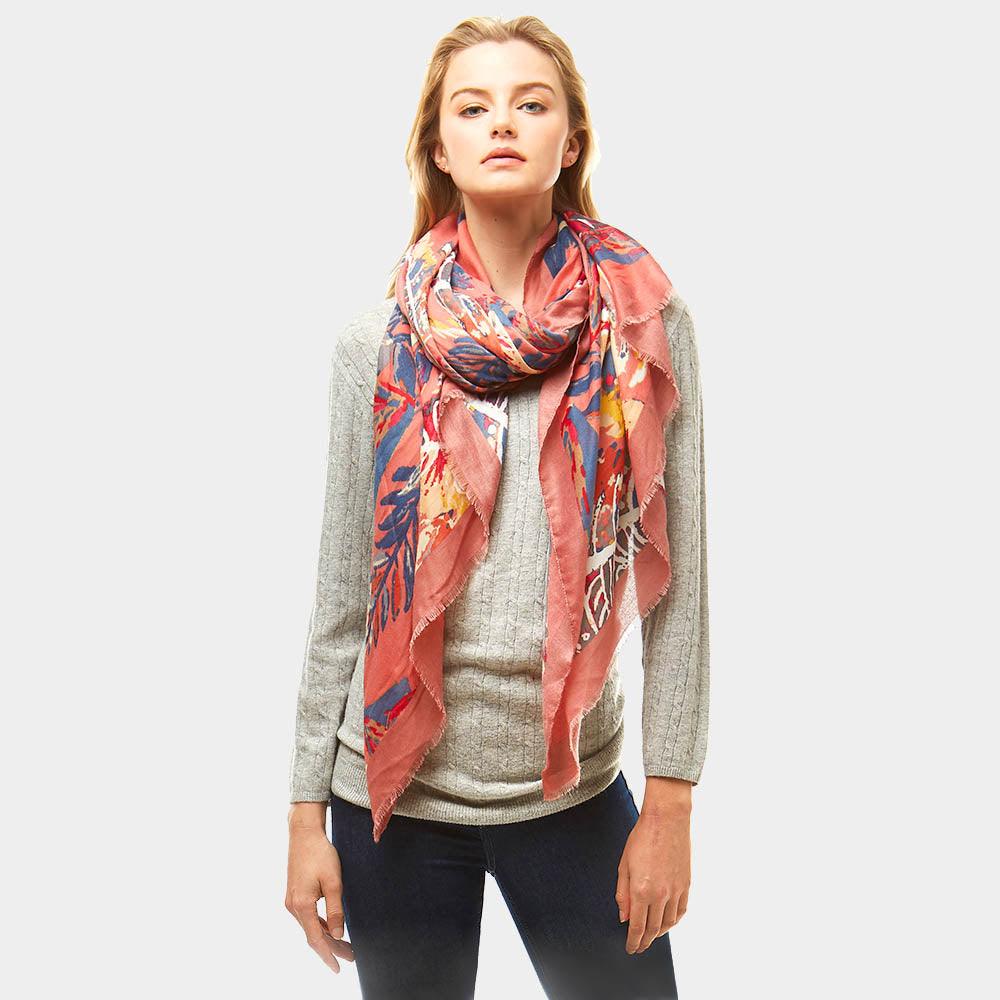 Pink Multi Color Leaves Print Oblong Scarf