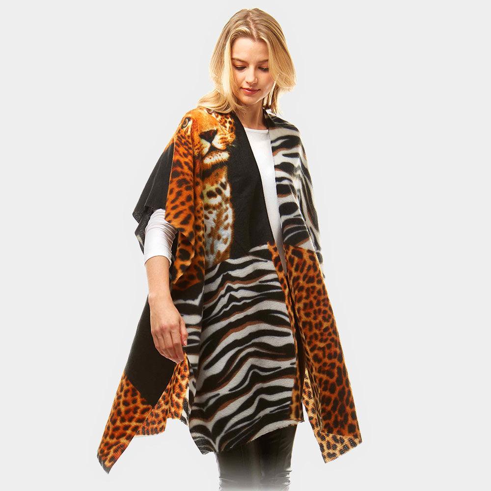 Camel Leopard Animal Print Shawl Poncho