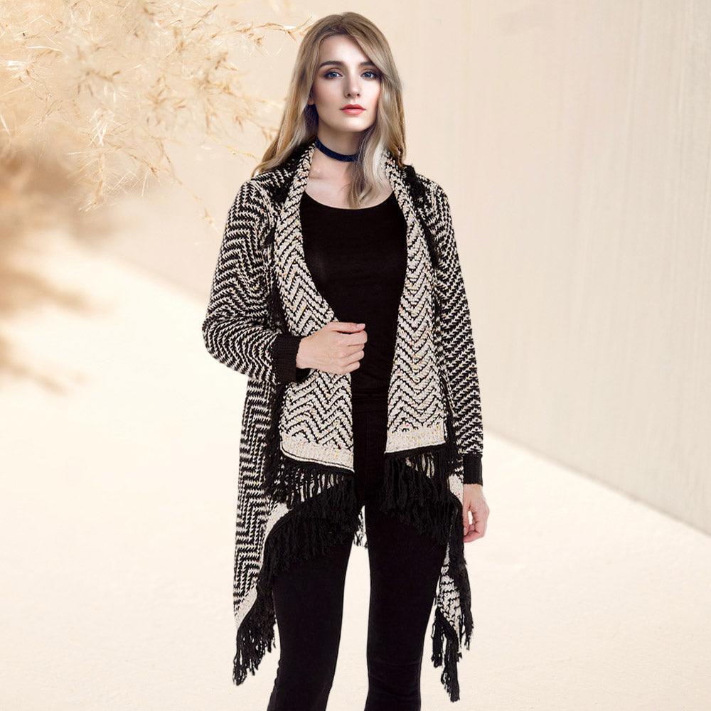 Black Chevron Zigzag Pattern Fringe Knit Cardigan - Jewelry Store by Erik Rayo