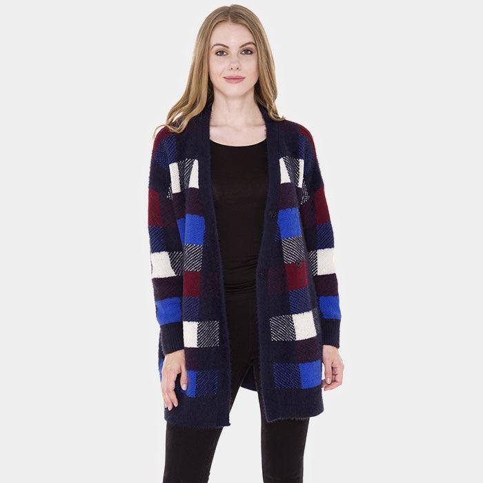 Navy Plaid Check Cardigan