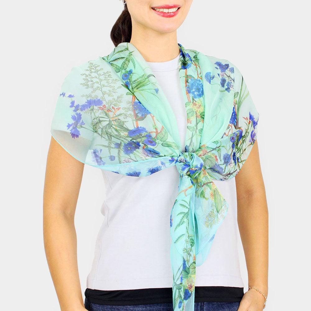 Blue Flower Print Chiffon Scarf