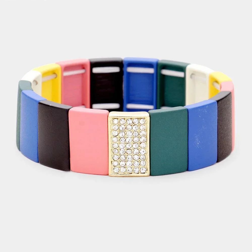 Gold 
Colorful Wood Rectangle Rhinestone Pave Stretch Bracelet - Jewelry Store by Erik Rayo