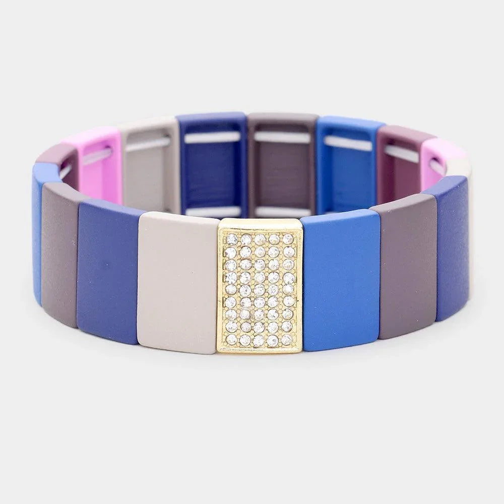 Gold 
Colorful Wood Rectangle Rhinestone Pave Stretch Bracelet - Jewelry Store by Erik Rayo
