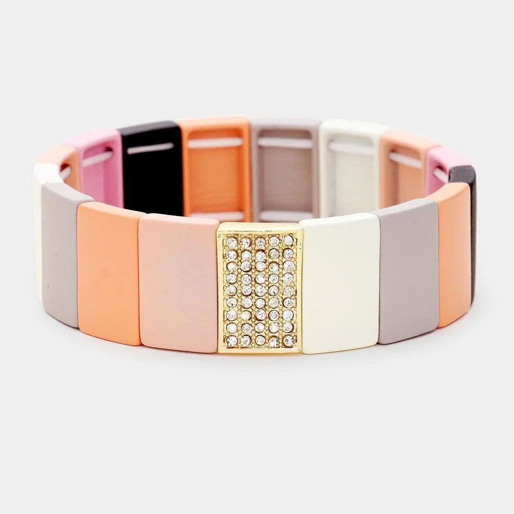 Gold 
Colorful Wood Rectangle Rhinestone Pave Stretch Bracelet - Jewelry Store by Erik Rayo