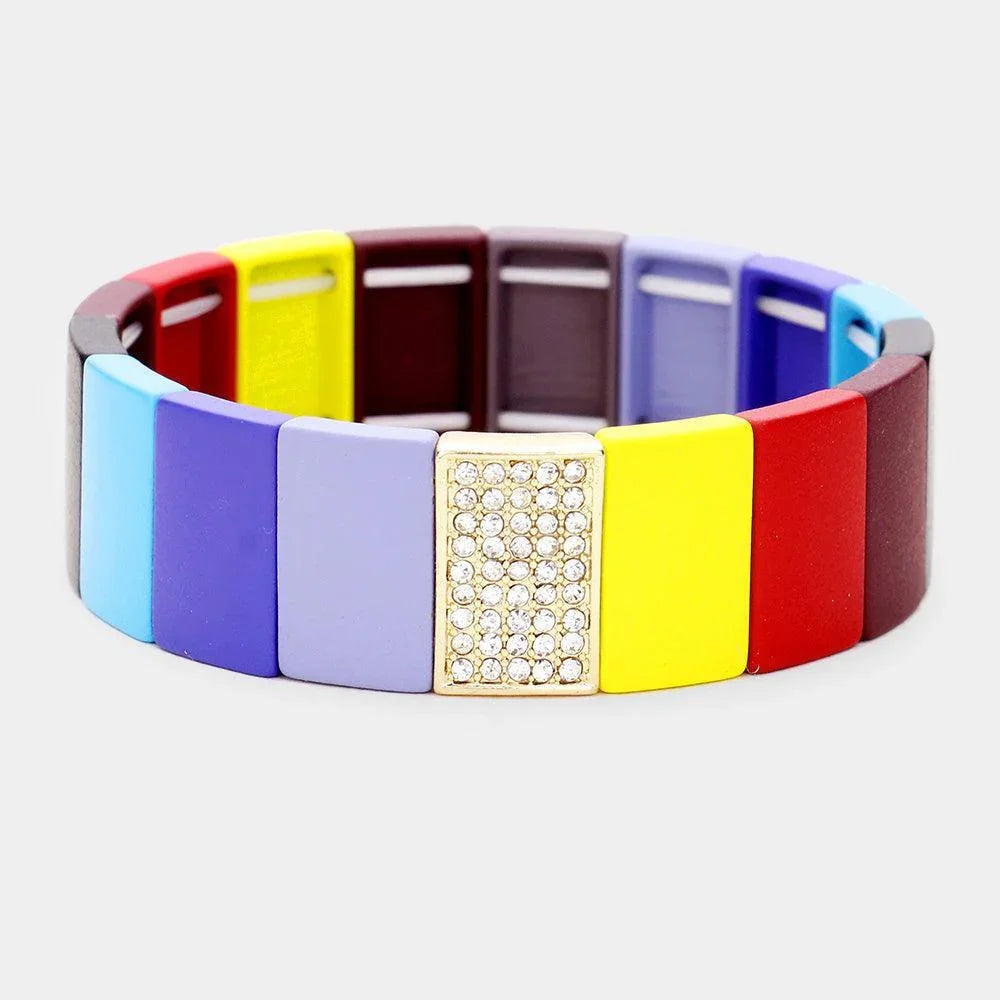 Gold 
Colorful Wood Rectangle Rhinestone Pave Stretch Bracelet - Jewelry Store by Erik Rayo