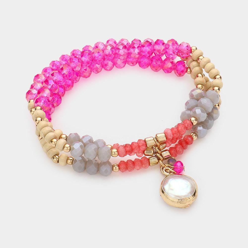 Fuchsia Mother of Pearl Accented Beaded Stretch Bracelet - Jewelry Store by Erik Rayo