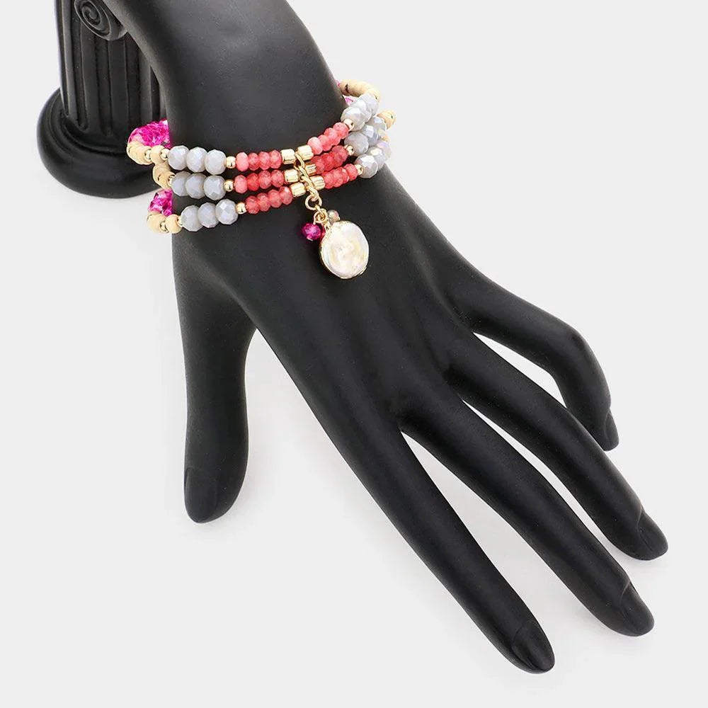 Fuchsia Mother of Pearl Accented Beaded Stretch Bracelet - Jewelry Store by Erik Rayo