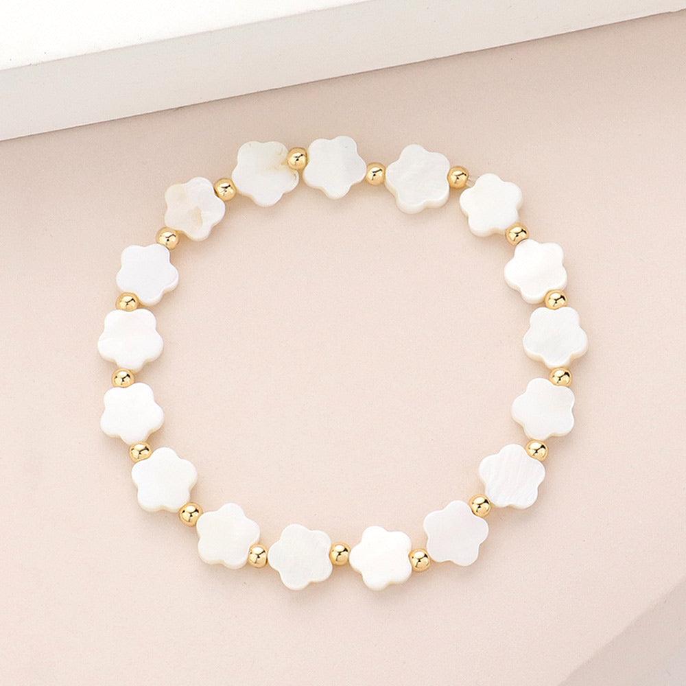 Gold Mother Of Pearl Flower Stretch Bracelet