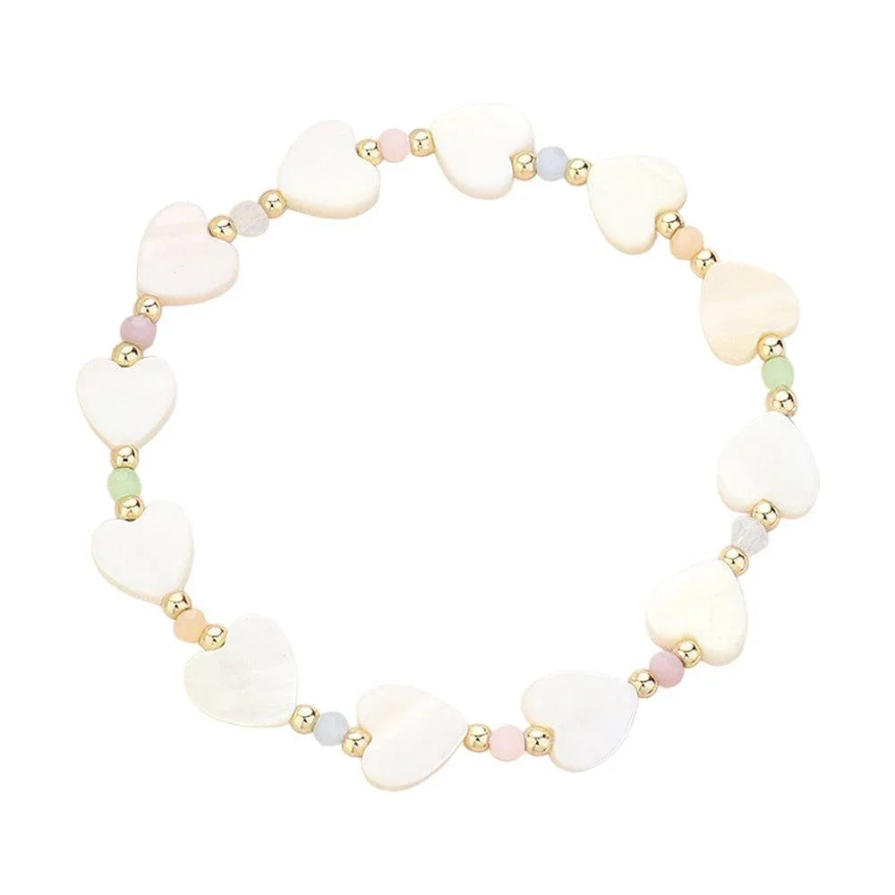 Cream Mother Of Pearl Heart Stretch Bracelet - Jewelry Store by Erik Rayo