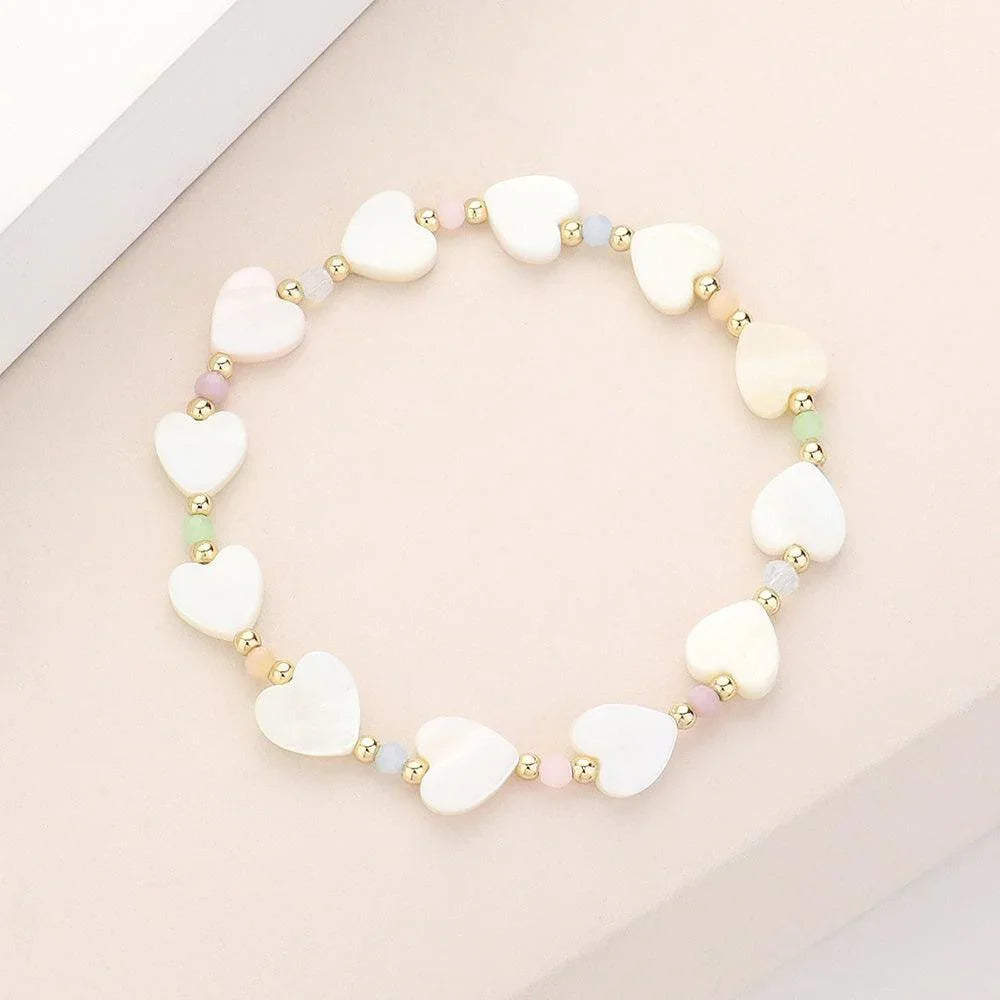 Cream Mother Of Pearl Heart Stretch Bracelet - Jewelry Store by Erik Rayo