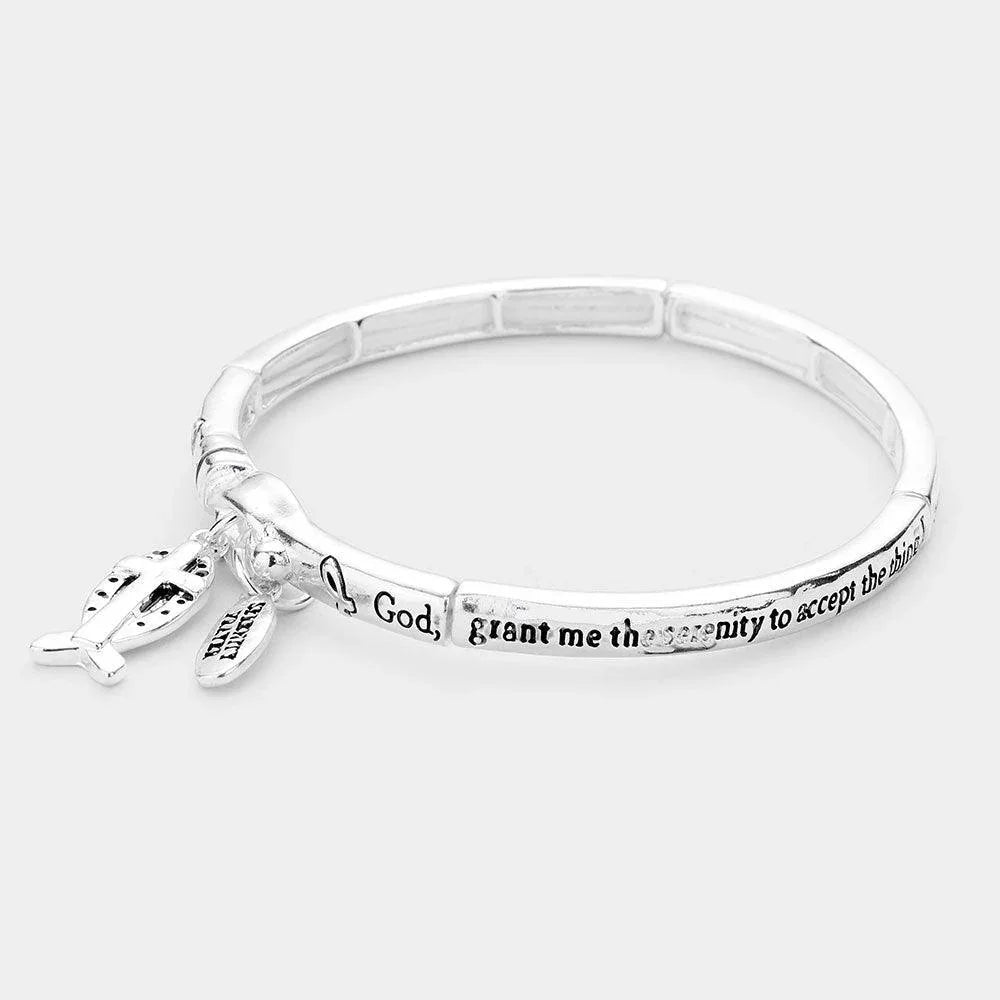 Silver Serenity Prayer Cross Ichthus Charm Metal Message Stretch Bracelet - Jewelry Store by Erik Rayo