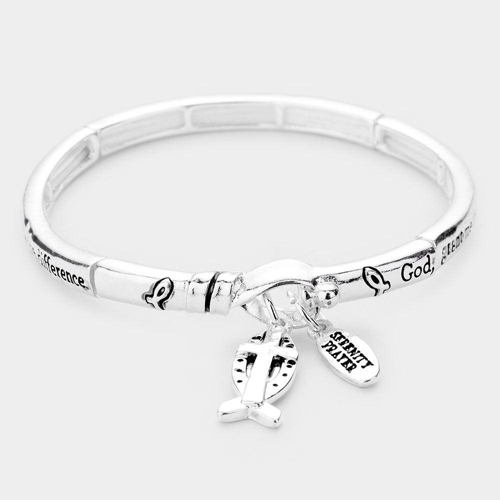 Silver Serenity Prayer Cross Ichthus Charm Metal Message Stretch Bracelet