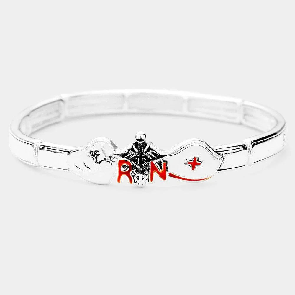 Silver Enamel RN Detail Message Metal Stretch Bracelet - Jewelry Store by Erik Rayo