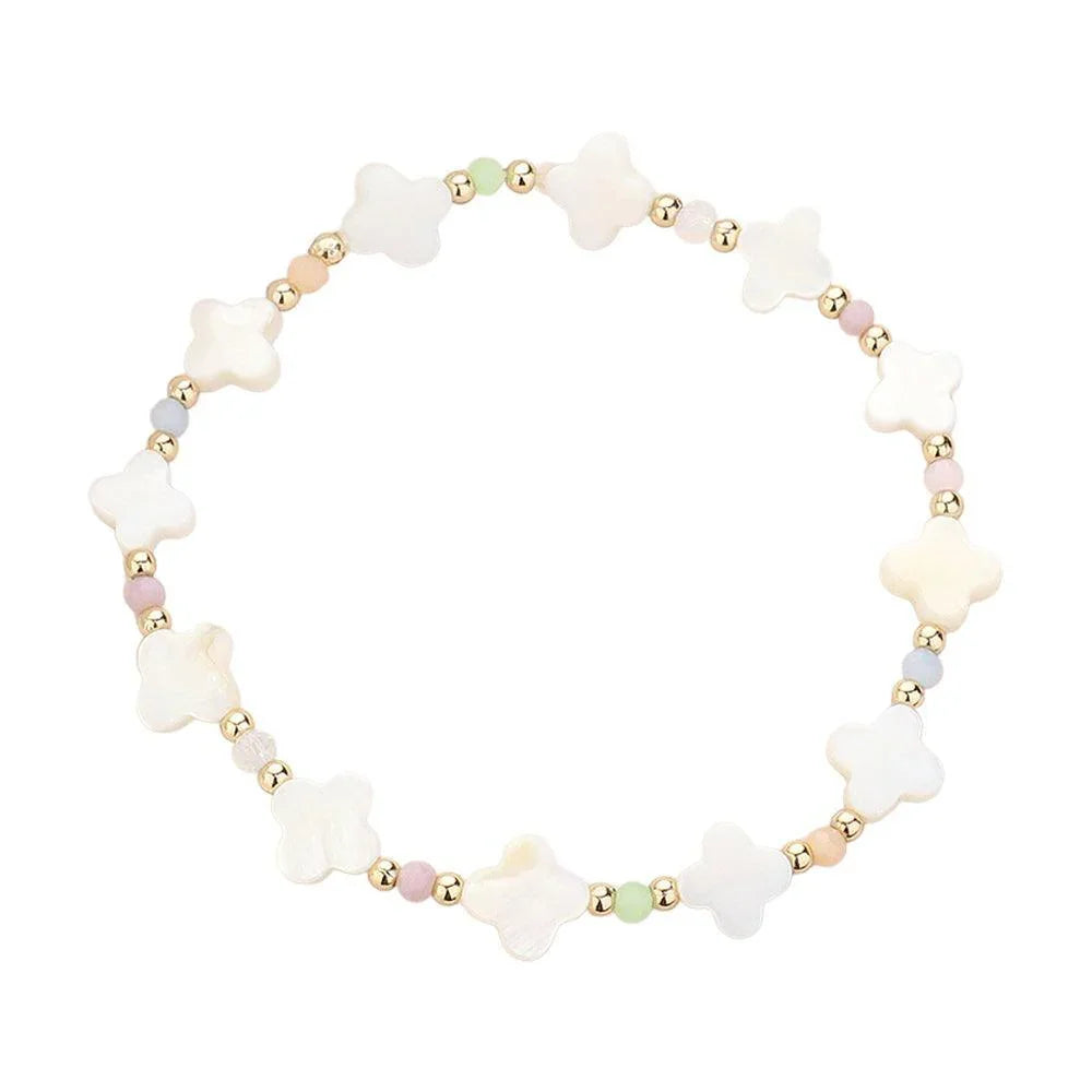 Cream Mother Of Pearl Quatrefoil Stretch Bracelet - Jewelry Store by Erik Rayo