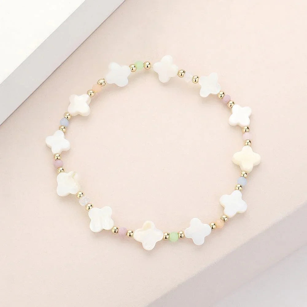 Cream Mother Of Pearl Quatrefoil Stretch Bracelet - Jewelry Store by Erik Rayo