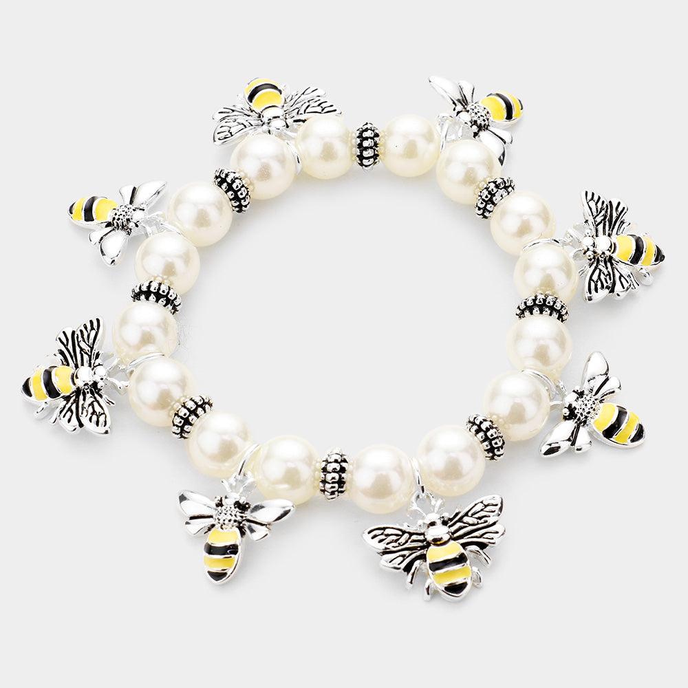 Silver Pearl Enamel Honey Bee Stretch Bracelet