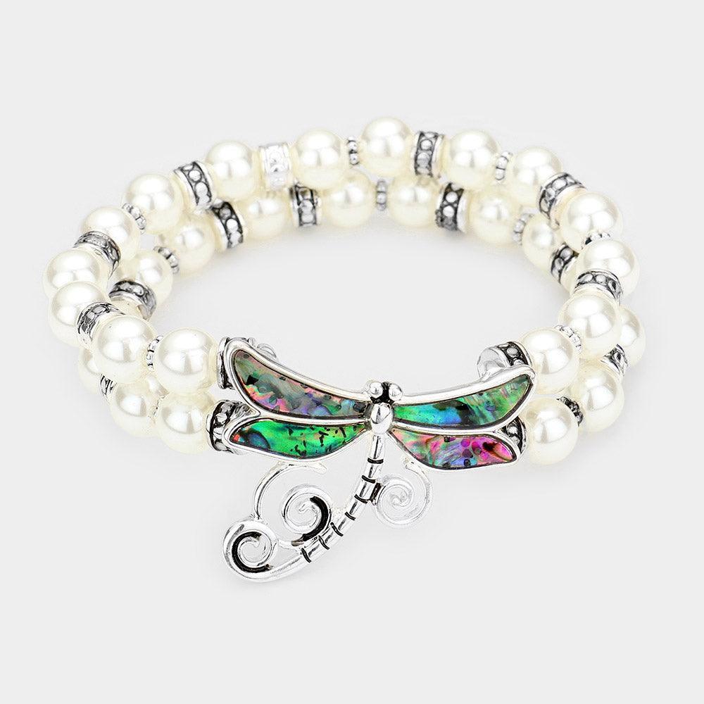 Abalone Dragonfly Accented Double Layered Pearl Stretch Bracelet - Jewelry Store by Erik Rayo