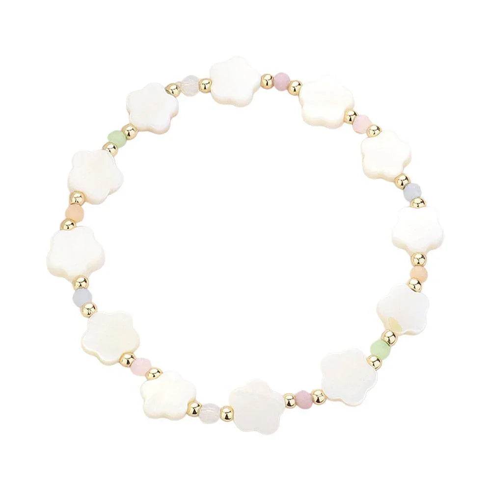 Cream Mother Of Pearl Quatrefoil Stretch Bracelet - Jewelry Store by Erik Rayo