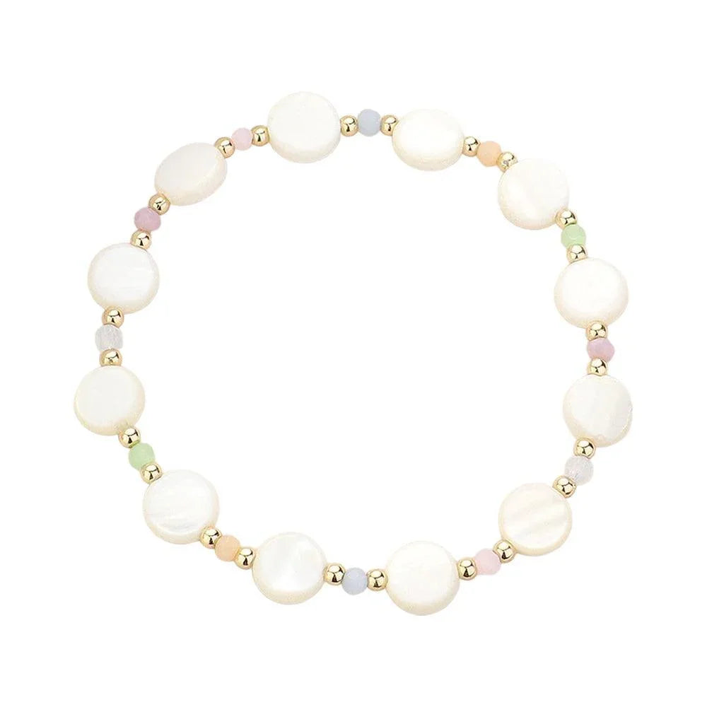 Cream Mother Of Pearl Disc Stretch Bracelet - Jewelry Store by Erik Rayo