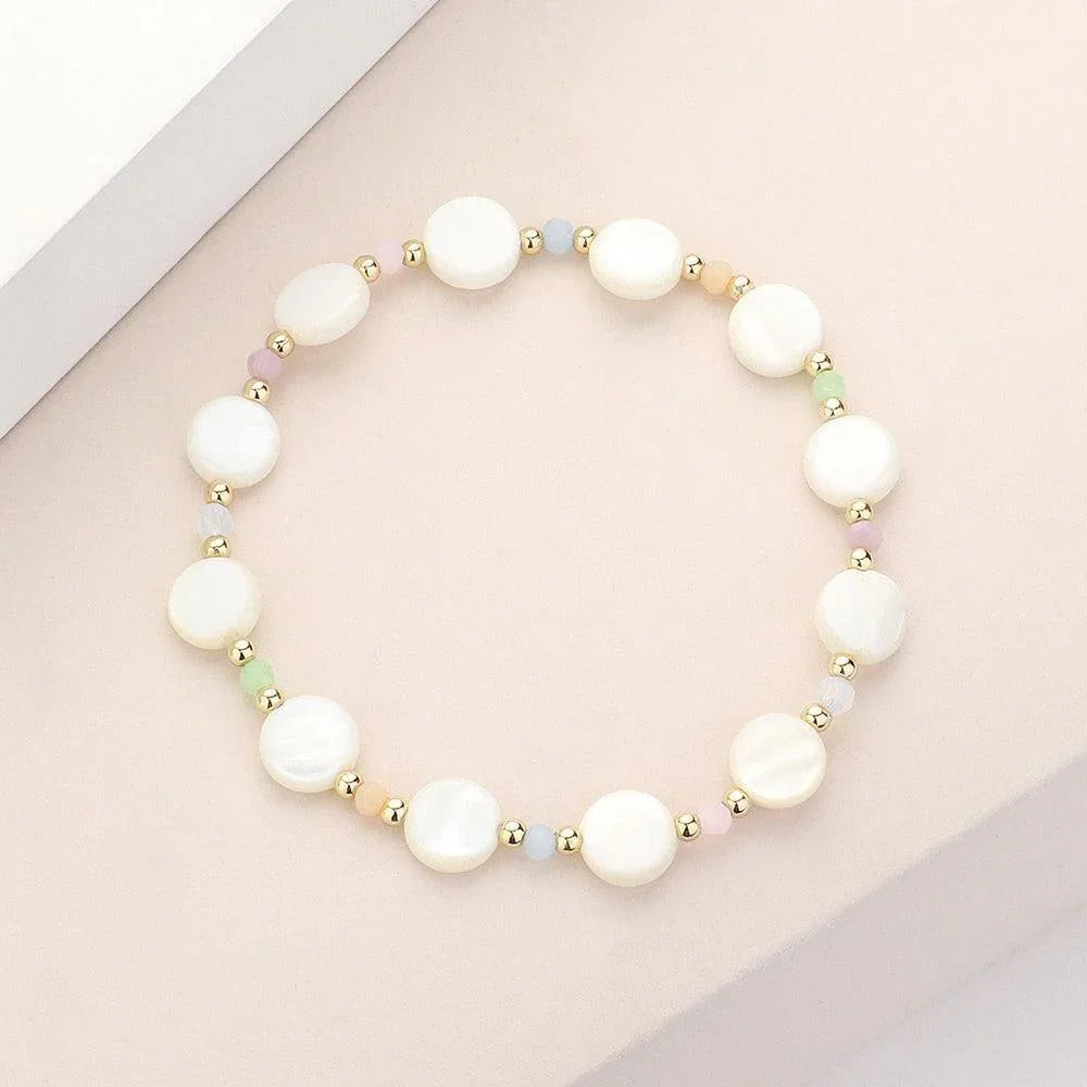 Cream Mother Of Pearl Disc Stretch Bracelet - Jewelry Store by Erik Rayo