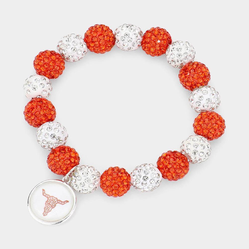 Orange Steer Head Accented Round Charm Shamballa Ball Stretch Bracelet - Jewelry Store by Erik Rayo