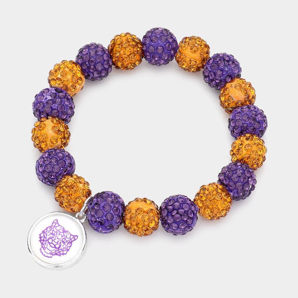 Purple Tiger Accented Round Charm Shamballa Ball Stretch Bracelet - Jewelry Store by Erik Rayo