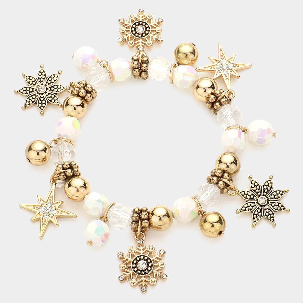Gold Rhinestone Embellished Flower Snowflake North Star Charm Stretch Bracelet - Jewelry Store by Erik Rayo