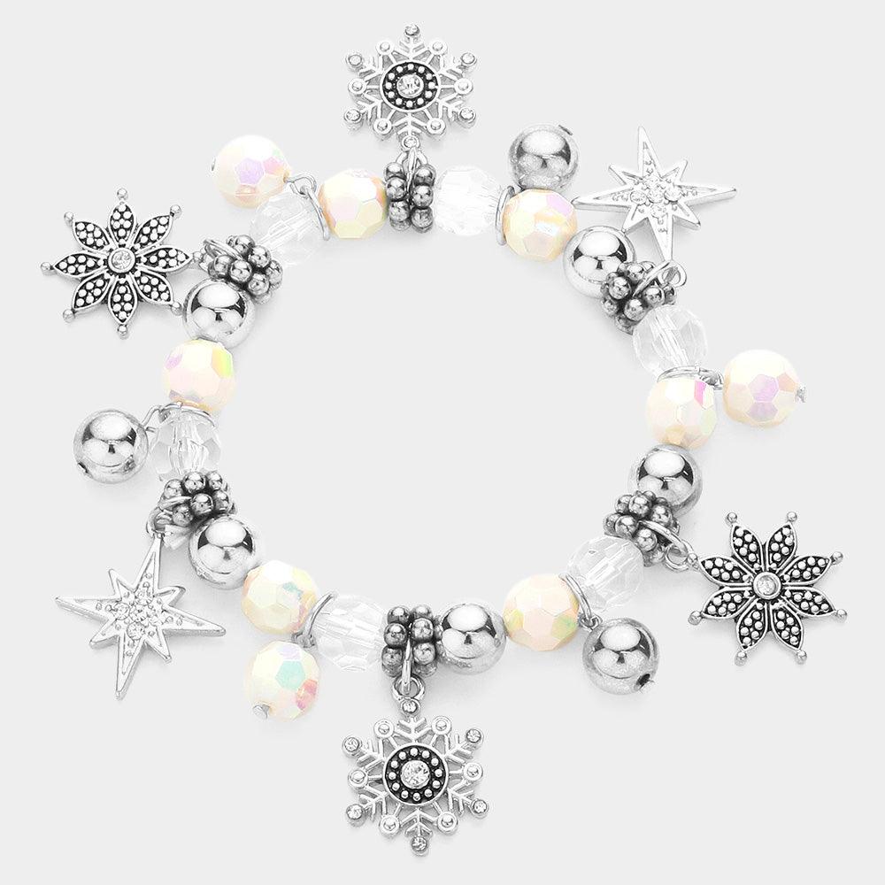 Silver Rhinestone Embellished Flower Snowflake North Star Charm Stretch Bracelet