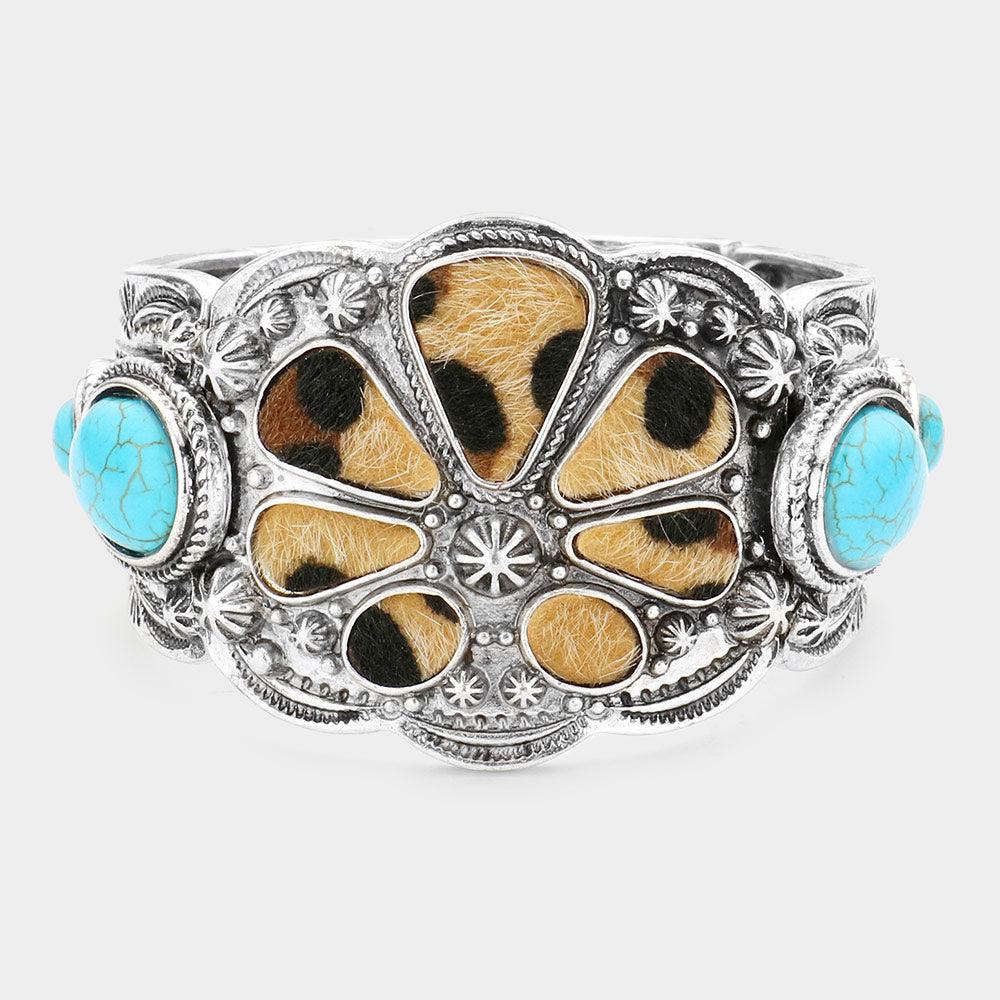 Turquoise Leopard Pattern Accented Natural Stone Embellished Stretch Bracelet - Jewelry Store by Erik Rayo