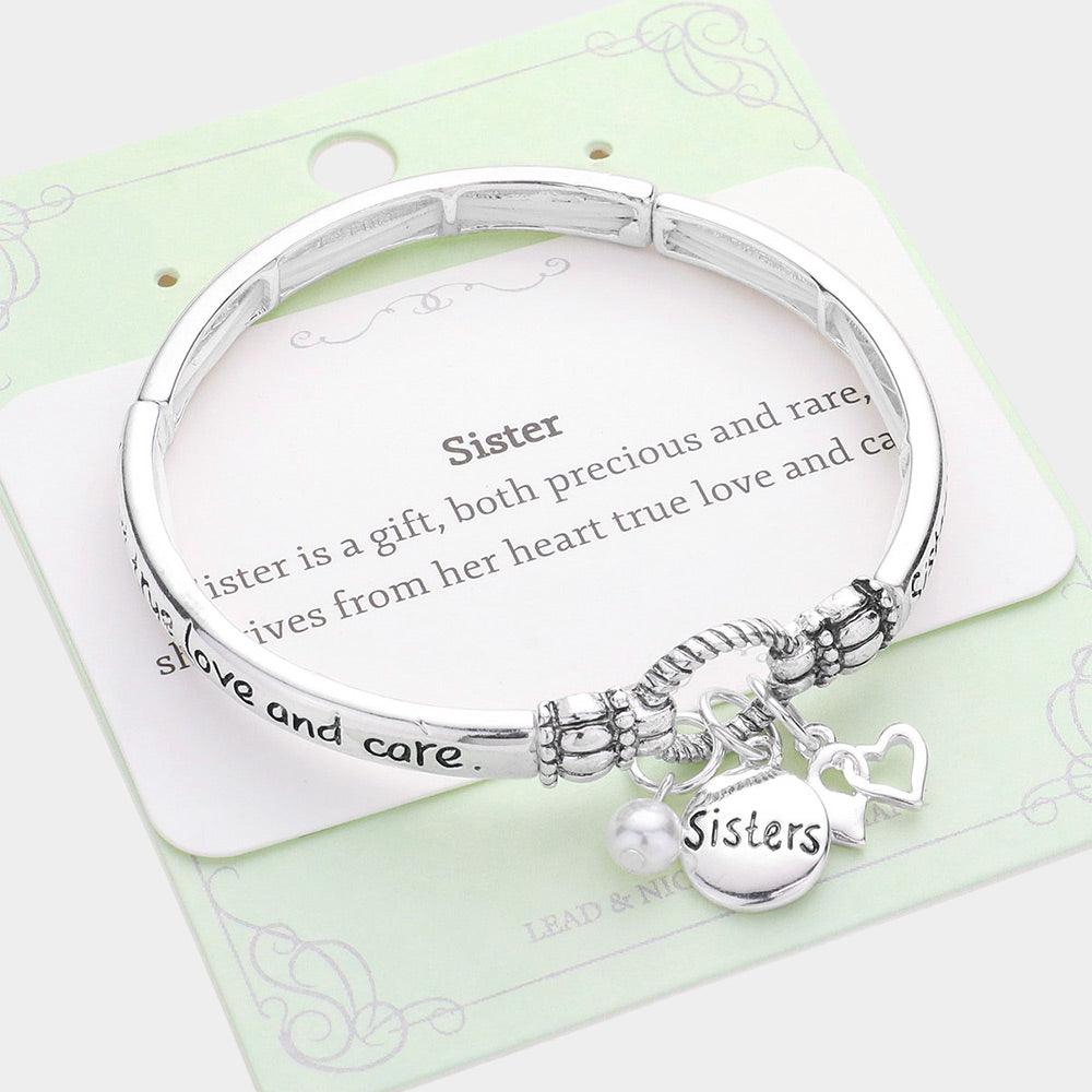 Silver Sister Heart Pearl Charm Message Stretch Bracelet