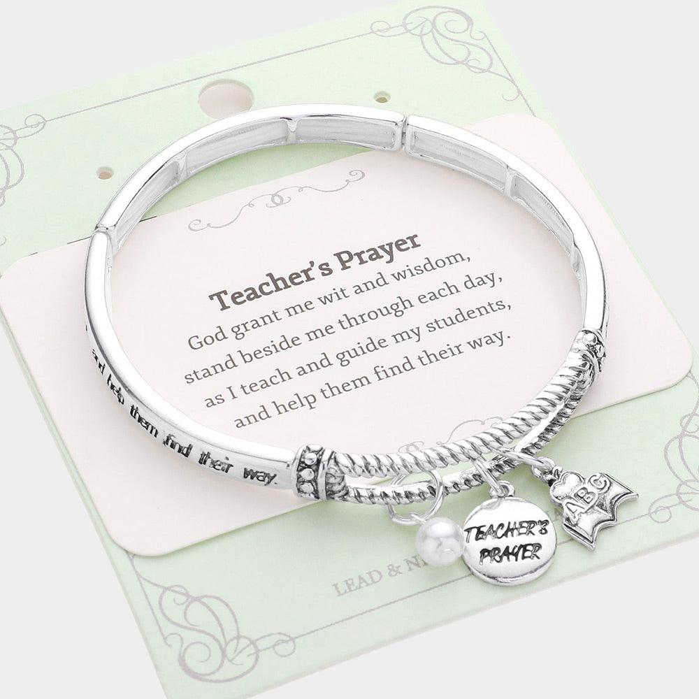 Silver Teacher's Prayer ABC Book Pearl Charm Message Stretch Bracelet