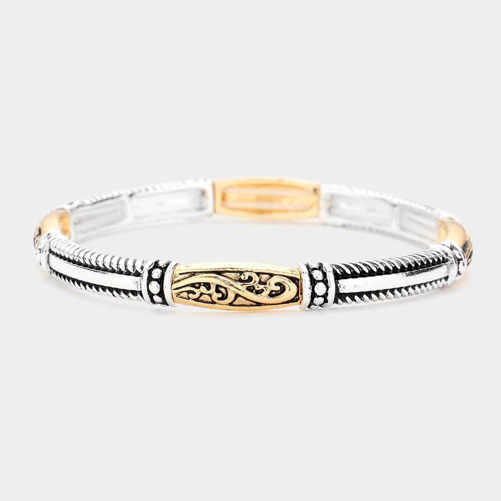 Two Tone Antique Metal Stretch Bracelet - Jewelry Store by Erik Rayo