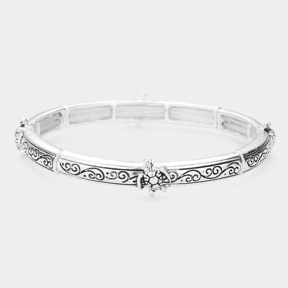 Silver Turtle Accented Antique Metal Stretch Bracelet - Jewelry Store by Erik Rayo