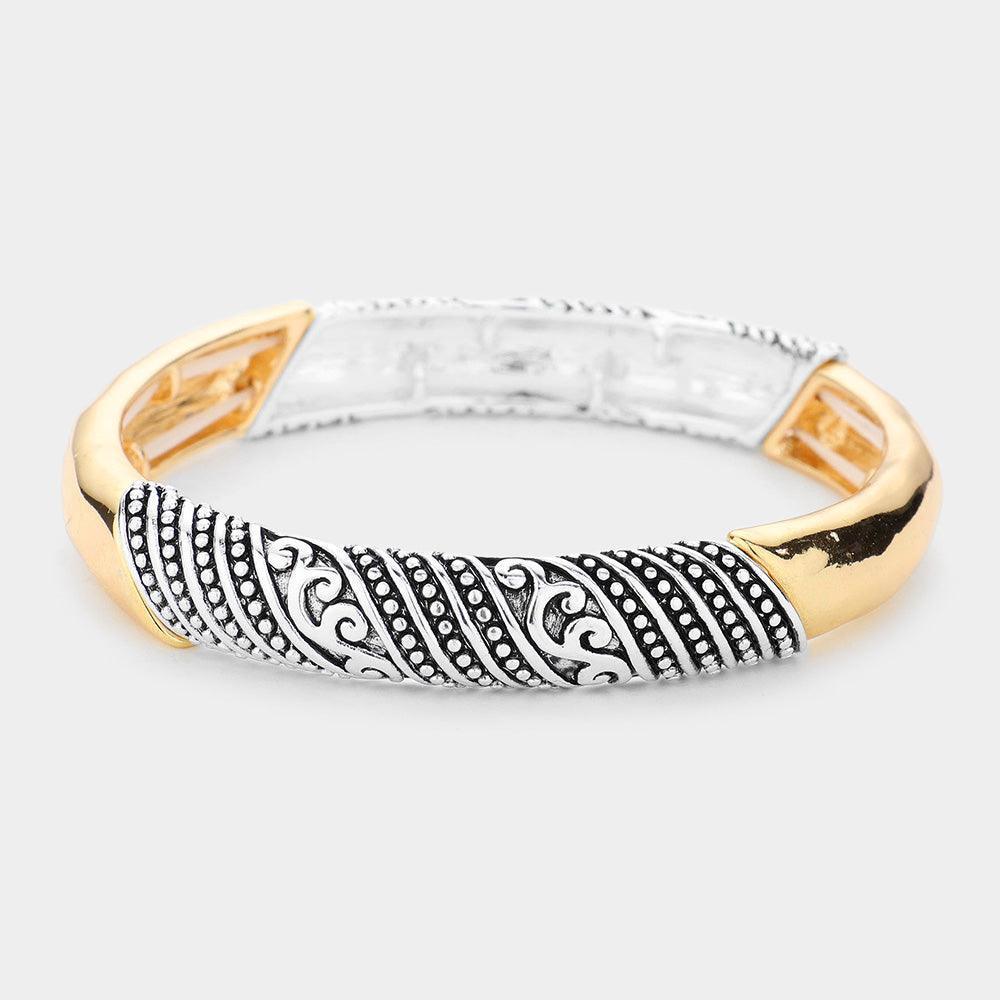 Two Tone Antique Patterned Metal Stretch Bracelet - Jewelry Store by Erik Rayo
