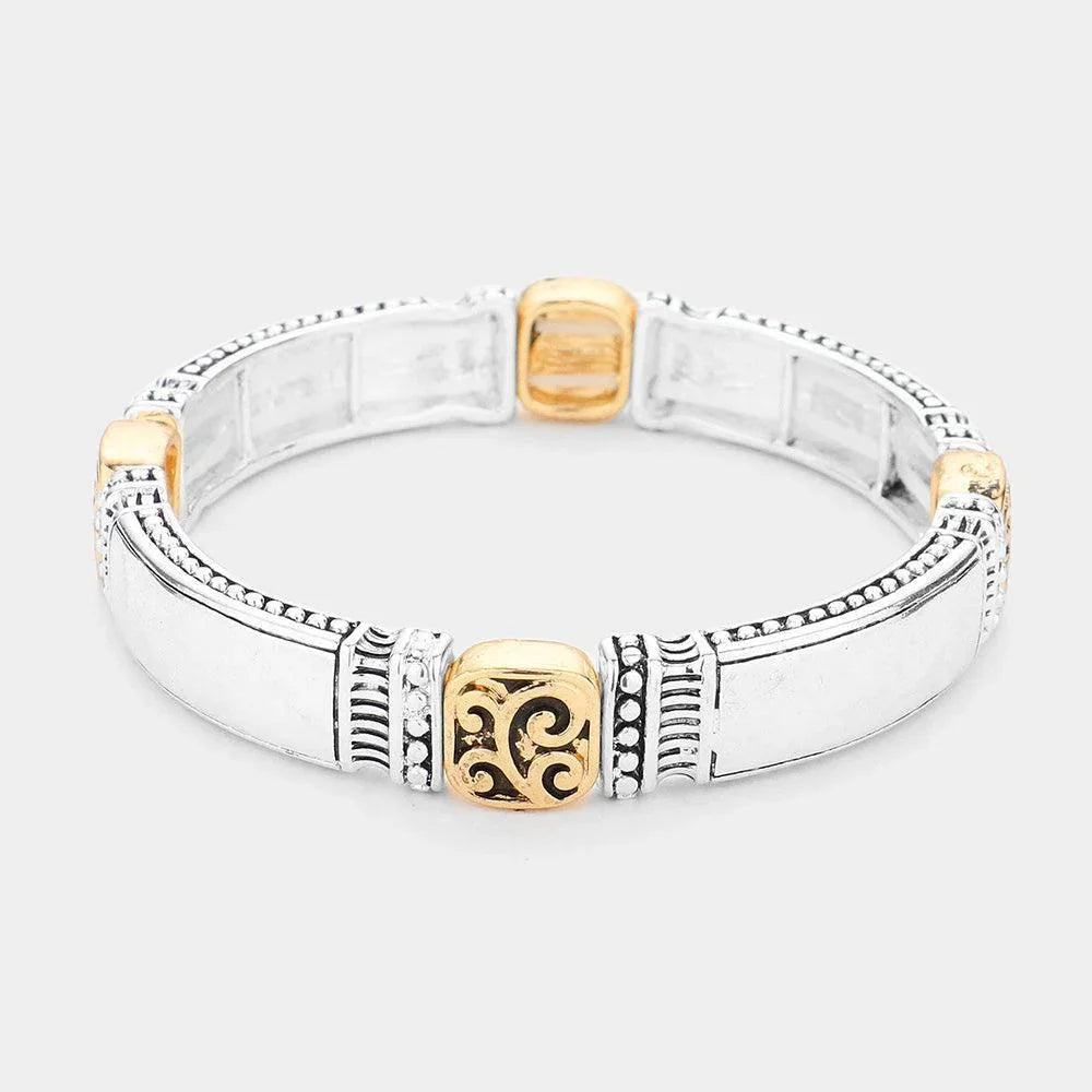 Two Tone Antique Patterned Metal Stretch Bracelet - Jewelry Store by Erik Rayo