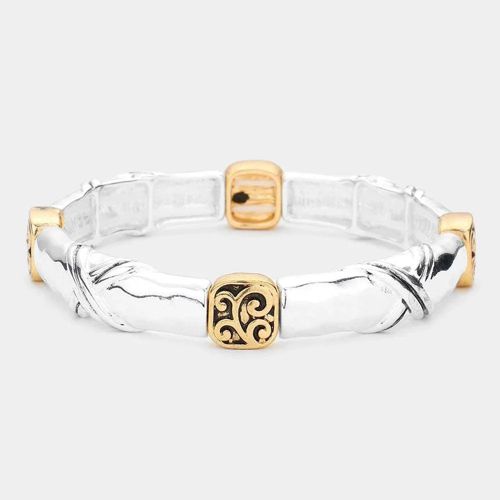 Two Tone Crisscross Detailed Metal Stretch Bracelet - Jewelry Store by Erik Rayo