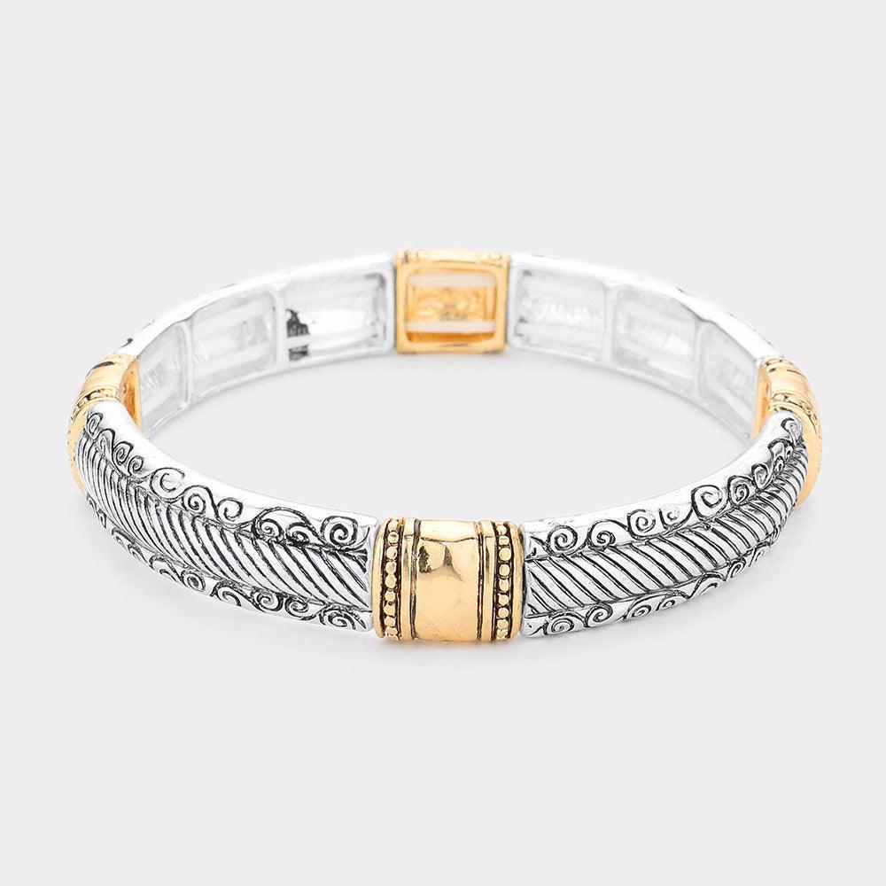 Two Tone Antique Patterned Metal Stretch Bracelet - Jewelry Store by Erik Rayo