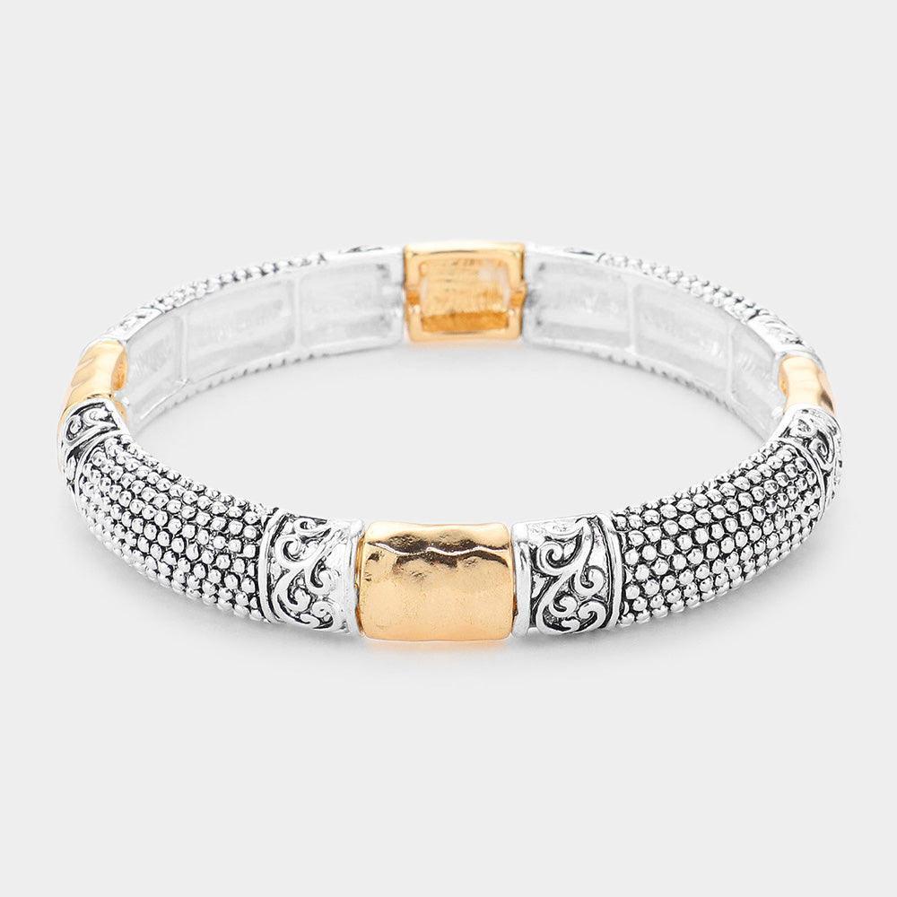 Two Tone Antique Patterned Metal Stretch Bracelet - Jewelry Store by Erik Rayo