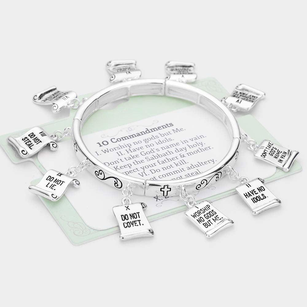 Silver 10 Commandments Message Charm Stretch Bracelet