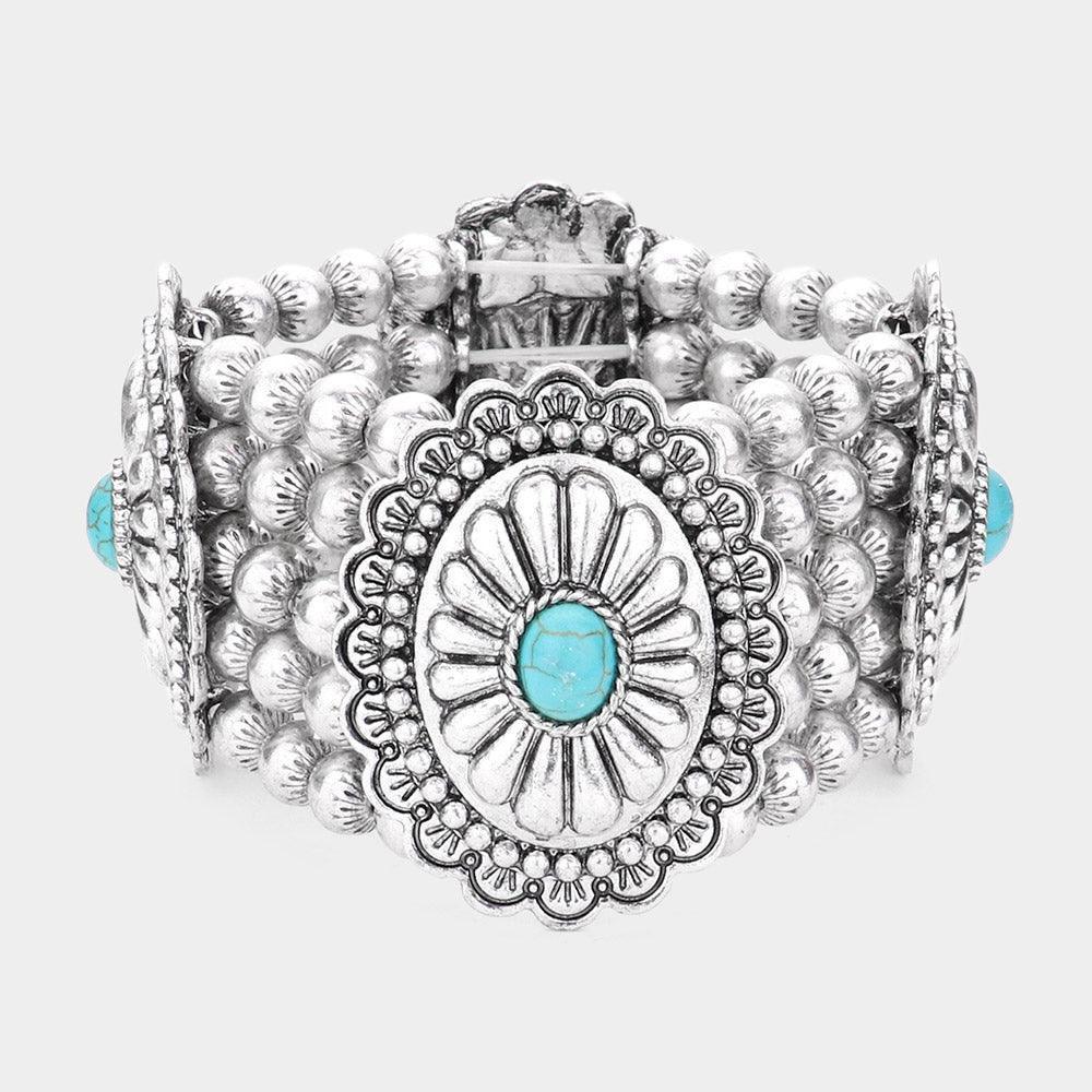 Turquoise Natural Stone Accented Squash Blossom Stretch Bracelet - Jewelry Store by Erik Rayo