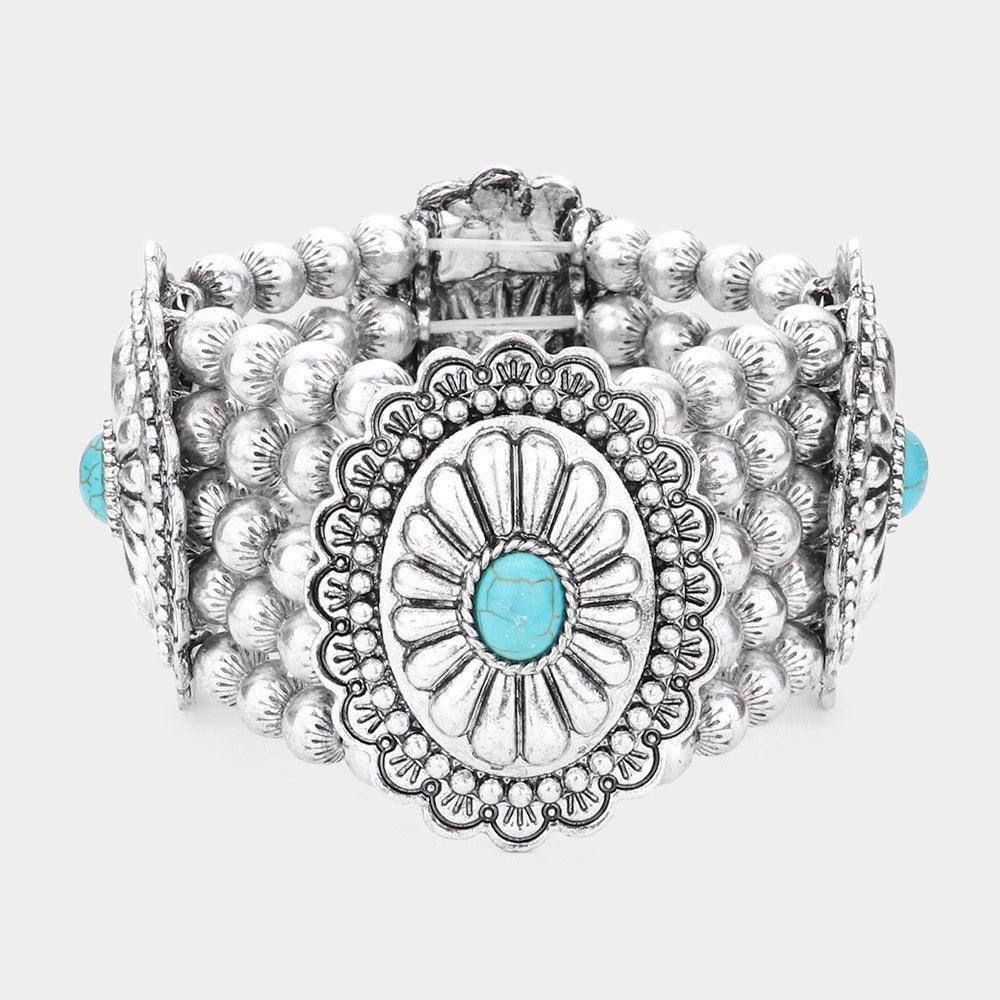 Turquoise Natural Stone Accented Squash Blossom Stretch Bracelet