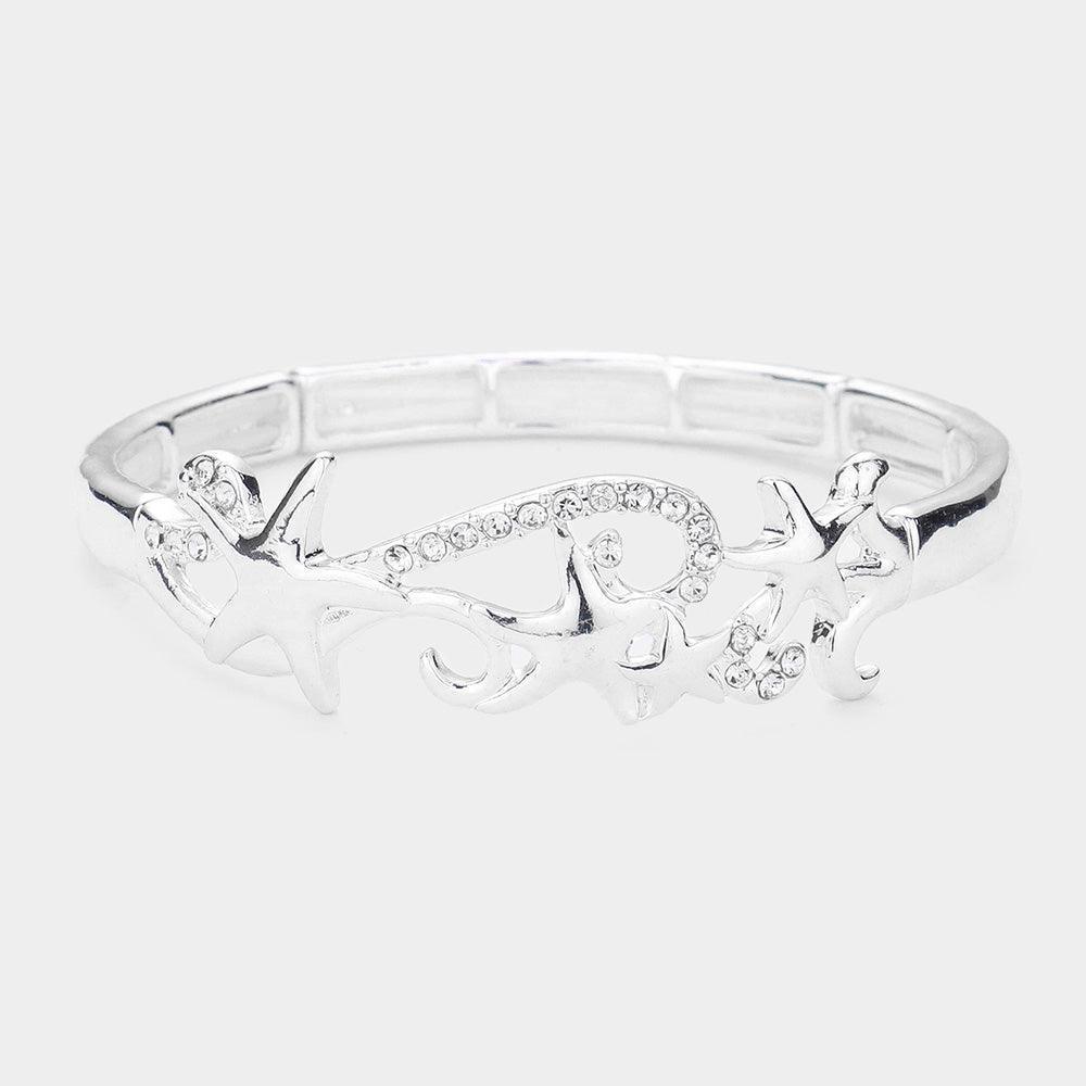 Silver Rhinestone Embellished Metal Starfish Stretch Bracelet - Jewelry Store by Erik Rayo
