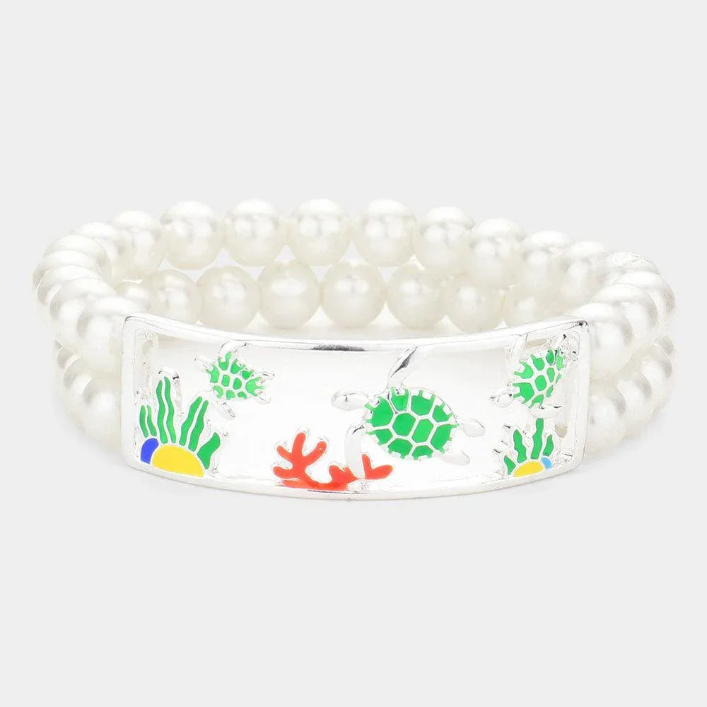 Cream Enamel Turtle Coral Accented Double Layered Pearl Stretch Bracelet - Jewelry Store by Erik Rayo