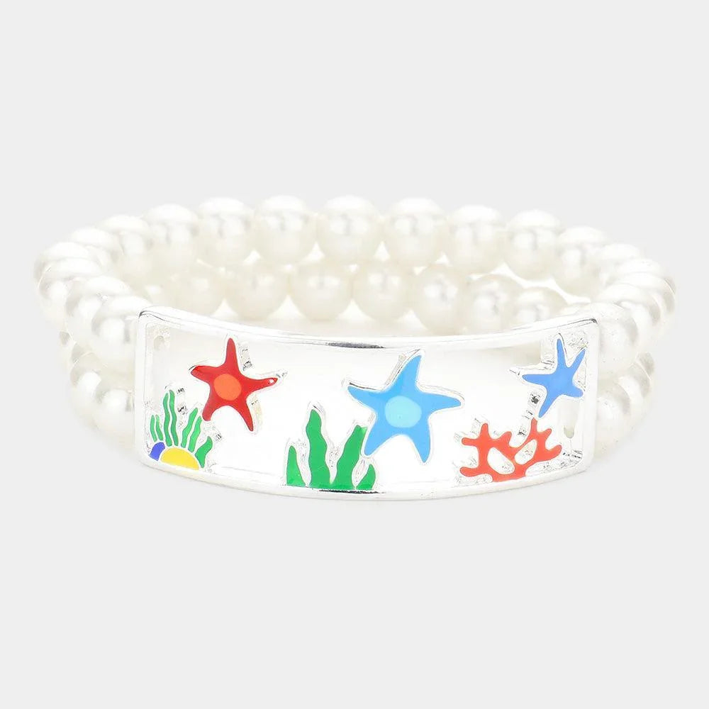 Cream Enamel Starfish Coral Accented Double Layered Pearl Stretch Bracelet - Jewelry Store by Erik Rayo