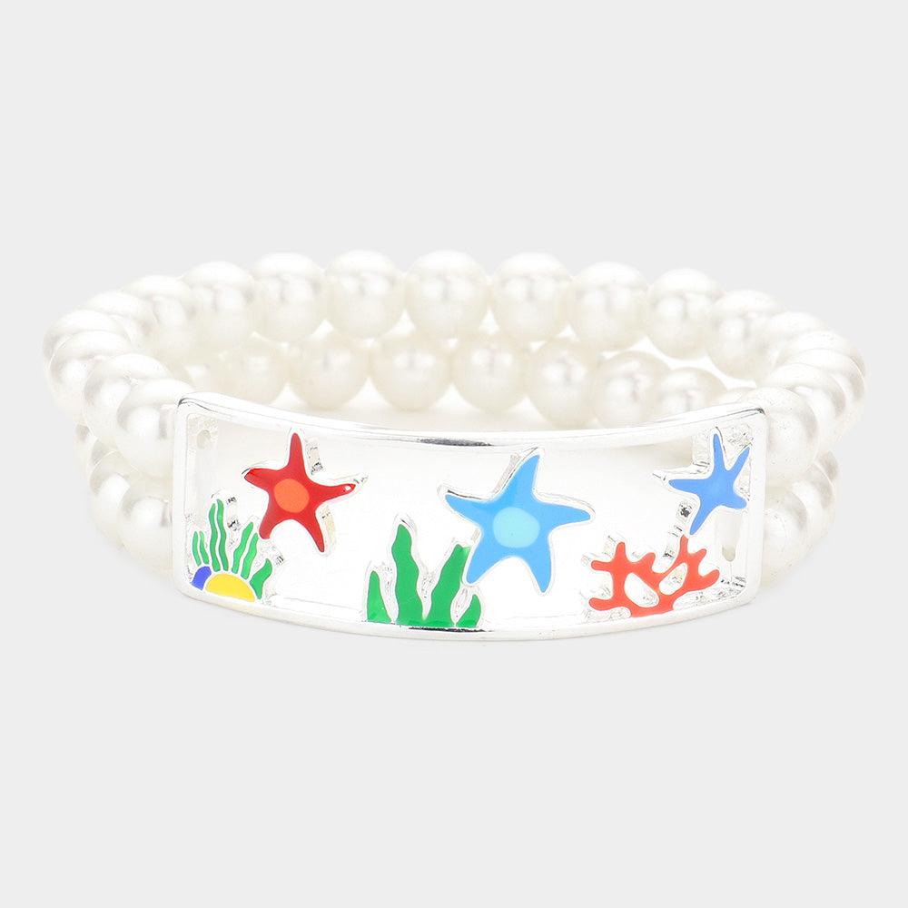 Cream Enamel Starfish Coral Accented Double Layered Pearl Stretch Bracelet